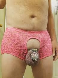 Crotchless panty chastity. Will wear under street clothes to work.