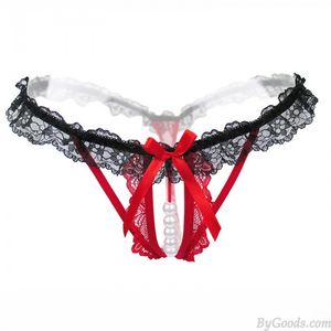 Encaje de masaje de perlas sexy lazo Tanga sin entrepierna tanga bragas T-Back Regalo para mujer Ropa interior transparente sin costuras Calzoncillos de tiro bajo Lencería