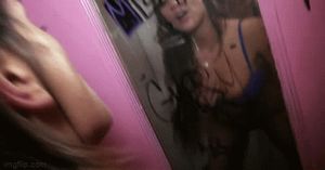 Fucking August Ames against the bathroom mirror