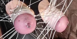 Dozens of zip-ties tightened around big tits to punish slut