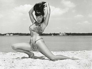 Bettie Page - leopard queen on the beach