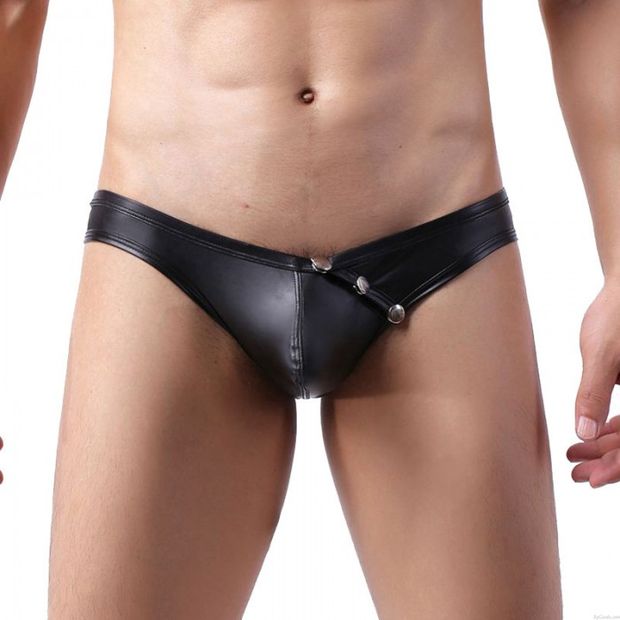 Sexy Three Metal Button Faux Leather Bulge Pouch Thongs Briefs Mens G-string Thong Underwear Low Rise Underpants Lingerie