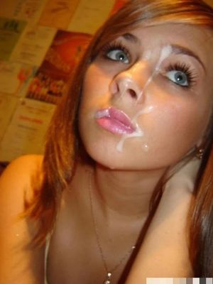 Adorable brunette amateur teen with cum on her face
