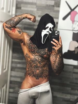 Nice tats. muscles and mask - ready for Halloween. Though there's nothing hollow about that weenie. Trick - And Treat! (Kadexxx69)