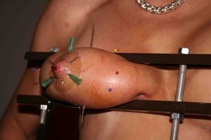 Tit torture - breast clamp and needles