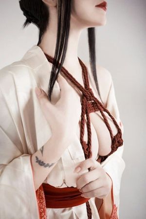 Nice asian sex maid with tied boobs under kimono