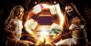 Hermione and Ginny are tied up to prevent them from escaping Dumbledore's spell