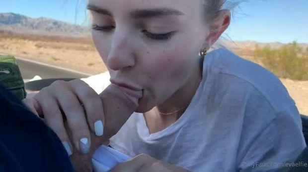 Pornstar Eva Elfie sucking cock in a driving car