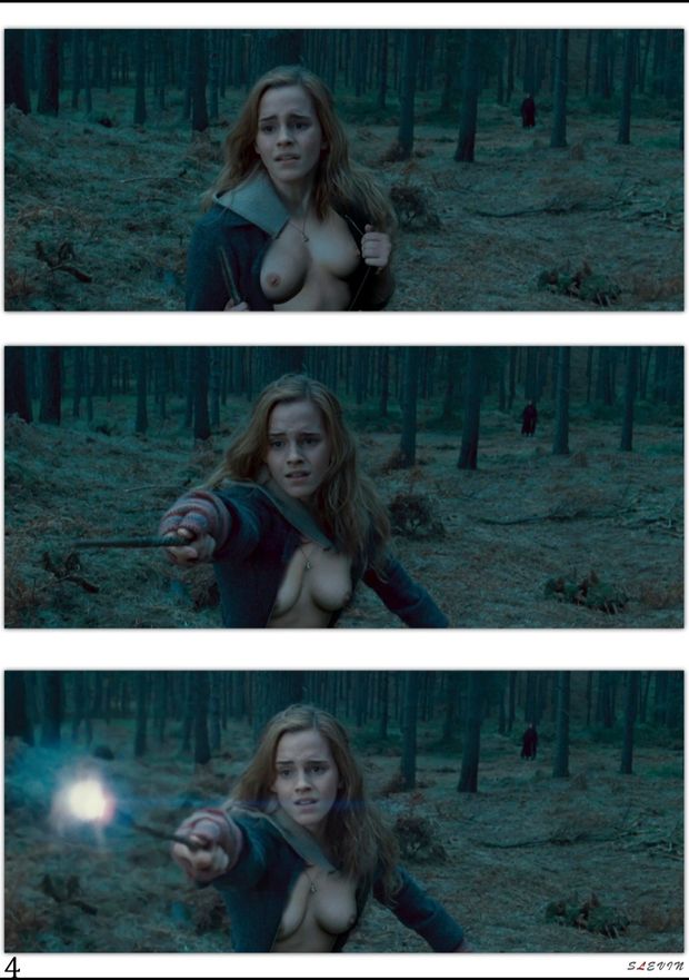 Hermione casts a spell but fails to realize that her shirt has ripped open