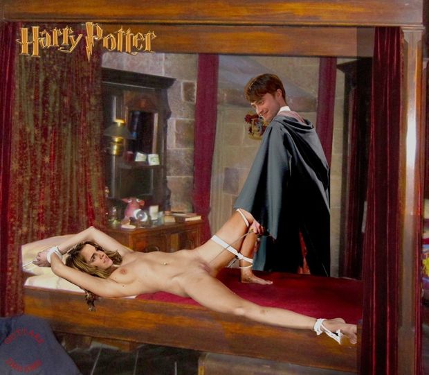 Hermione wakes up to find herself bound tightly and Harry Potter standing over her poking her pussy with his wand