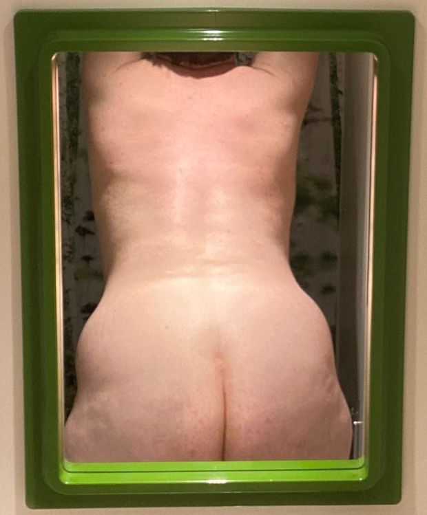 Fat naked sissy in the mirror