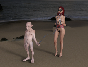 Bogwart leading slave Victoria with a leash