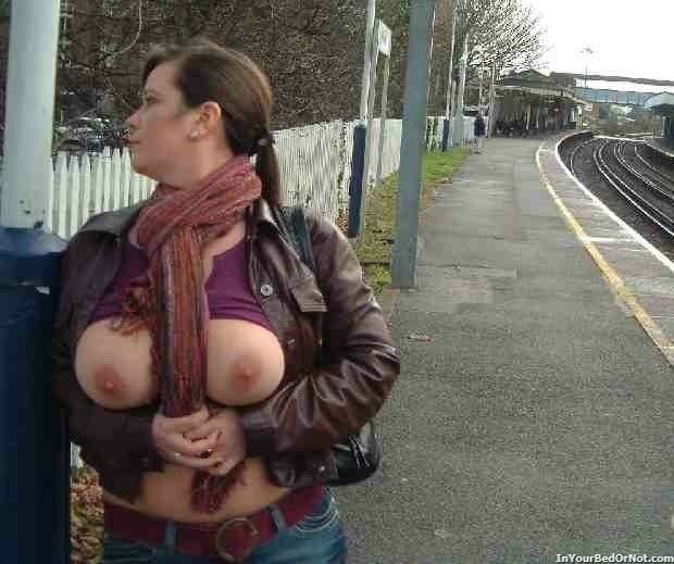 Chubby mature with huge tits public flashing exhibition