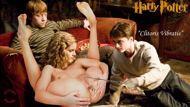 Harry touches Hermione's pussy with his wand (pun intended)