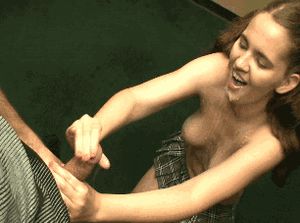 Sexy cutie with nice tits finishes a horny cock with her beautiful hand...