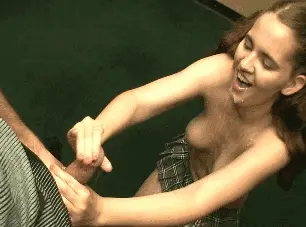 Sexy cutie with nice tits finishes a horny cock with her beautiful hand...