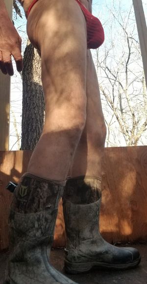 Bulge outdoors in a thong