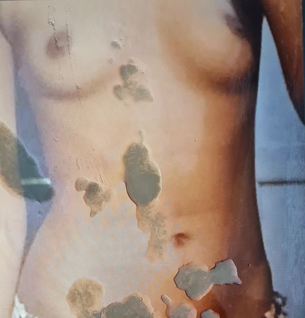Cumming across @lala21's beautiful stomach and perky tits