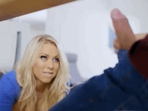 Katie is on all fours under the table