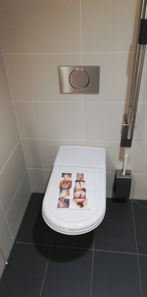 Natalia Palaguta displayed in men's bathroom