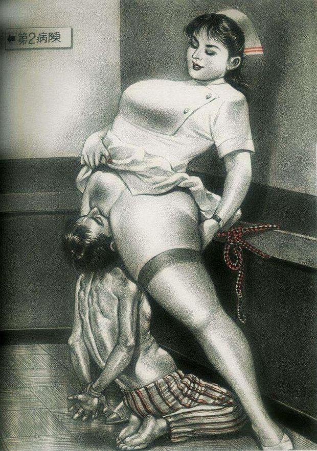 A voluptuous oriental nurse has her cunt licked by a wimpy patient