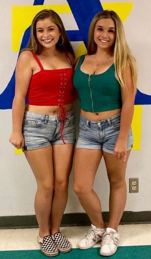 Kate and friend green and red tops