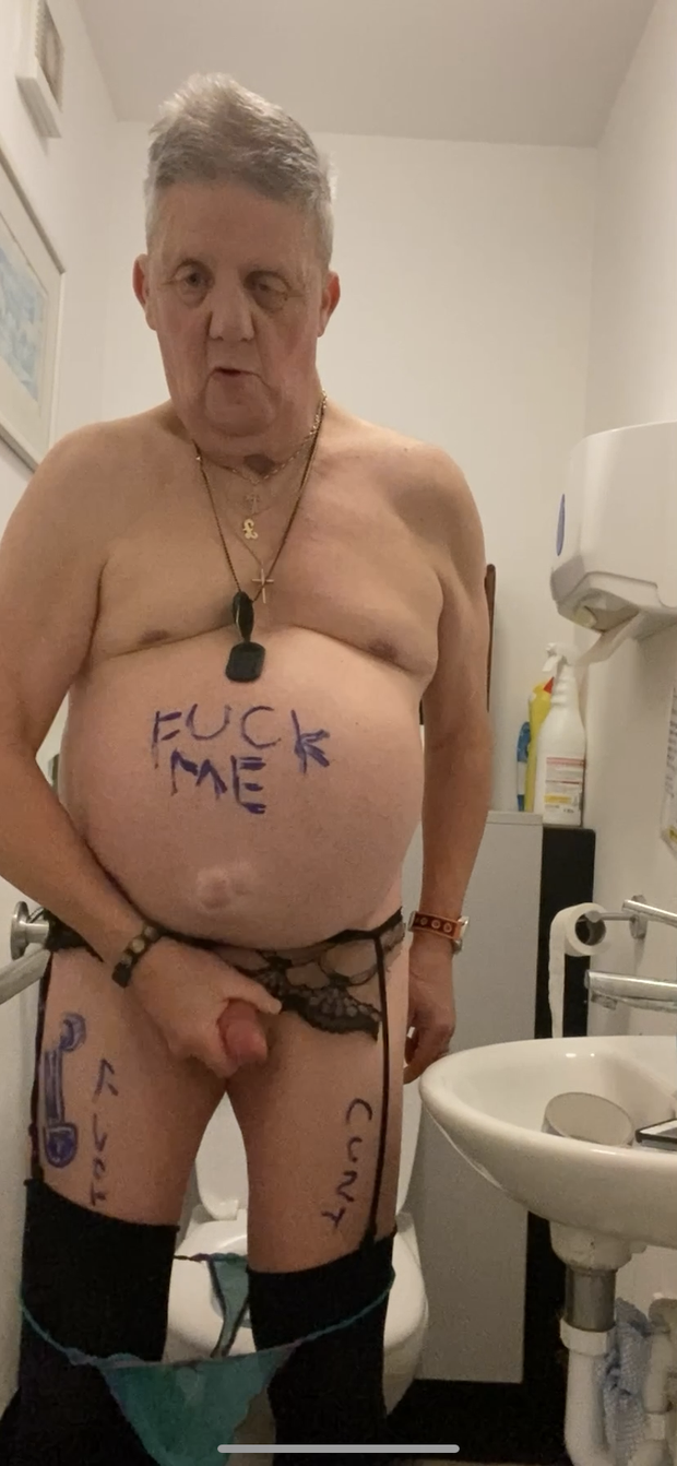 Wanking in public toilet wearing stockings and suspenders is so exciting