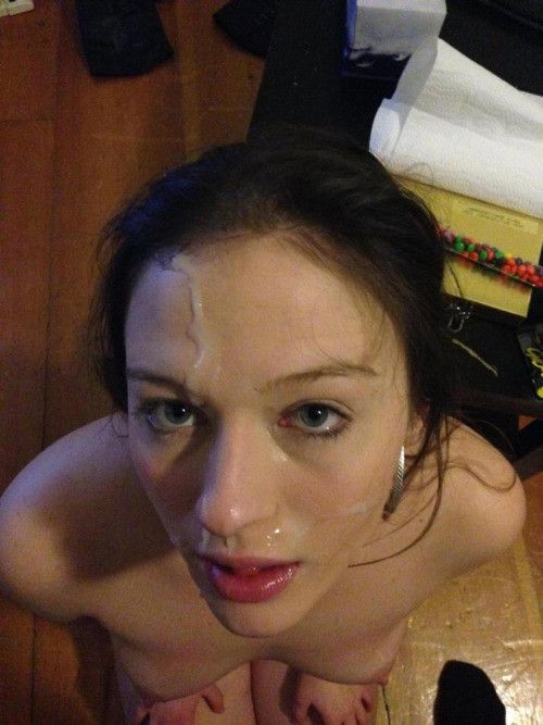 Amateur brunette on her knees with a facial