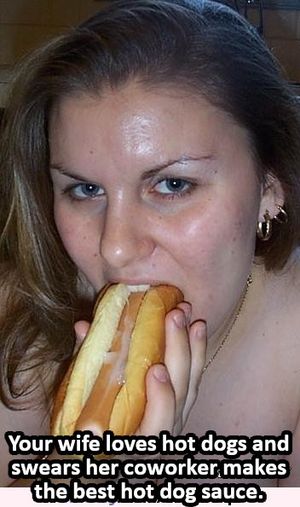 Cheating wife eating a hotdog with cum on it