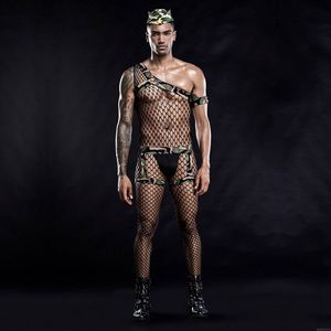Body en résille sexy évider tenues de cosplay body justaucorps de camouflage pour hommes lingerie