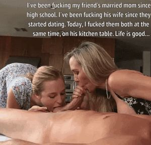 My friend's mom and his wife share my cock in his kitchen