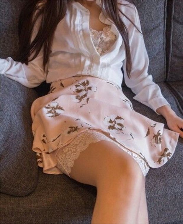 A Lacy Asian Slip Peeking!
