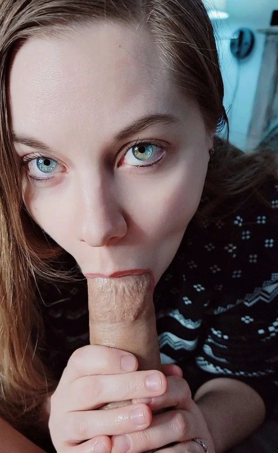 Amazing amateur brunette with great blue-eyes sucking on some cock