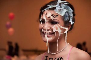 Valeria Soledad Moncada enjoys getting a massive bukkake facial at an orgy bday party