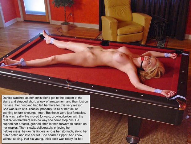 spread eagle on the pool table and ready to be fucked