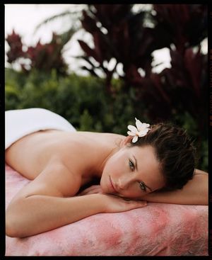 Evangeline Lilly waits for her massage at your resort