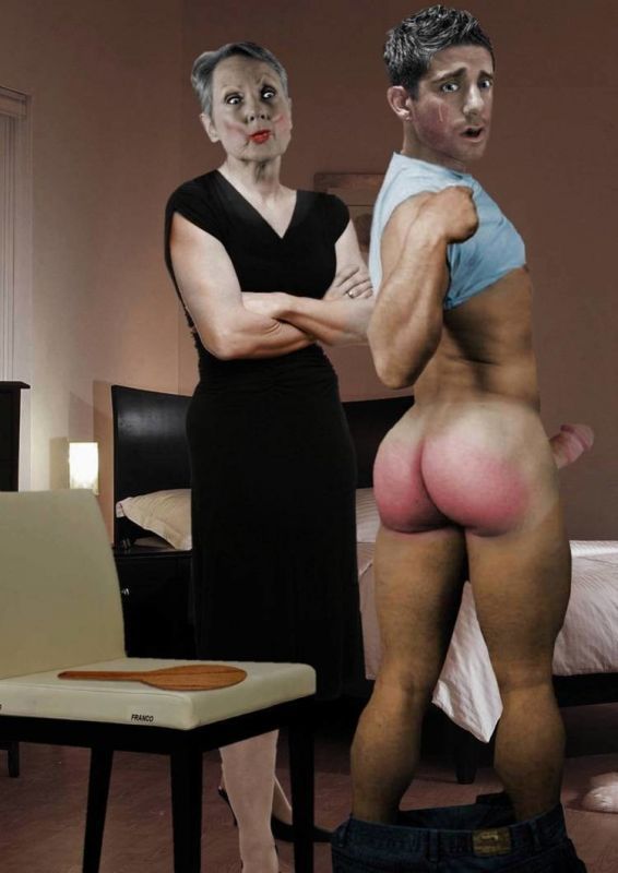 Mature woman's spanking of man clearly excites him