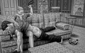 Mother shows that she can still make him cum on her bare leg. By Franco