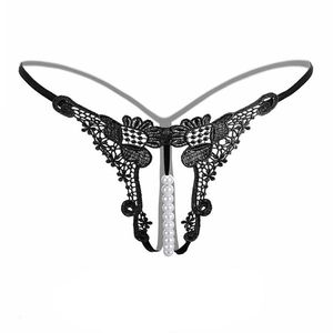 Sexy Flower Embroidery Pearl Massage Low Rise Lingerie T-Back G-String Thong Knickers Underpants Briefs Crotchless Women's Underwear