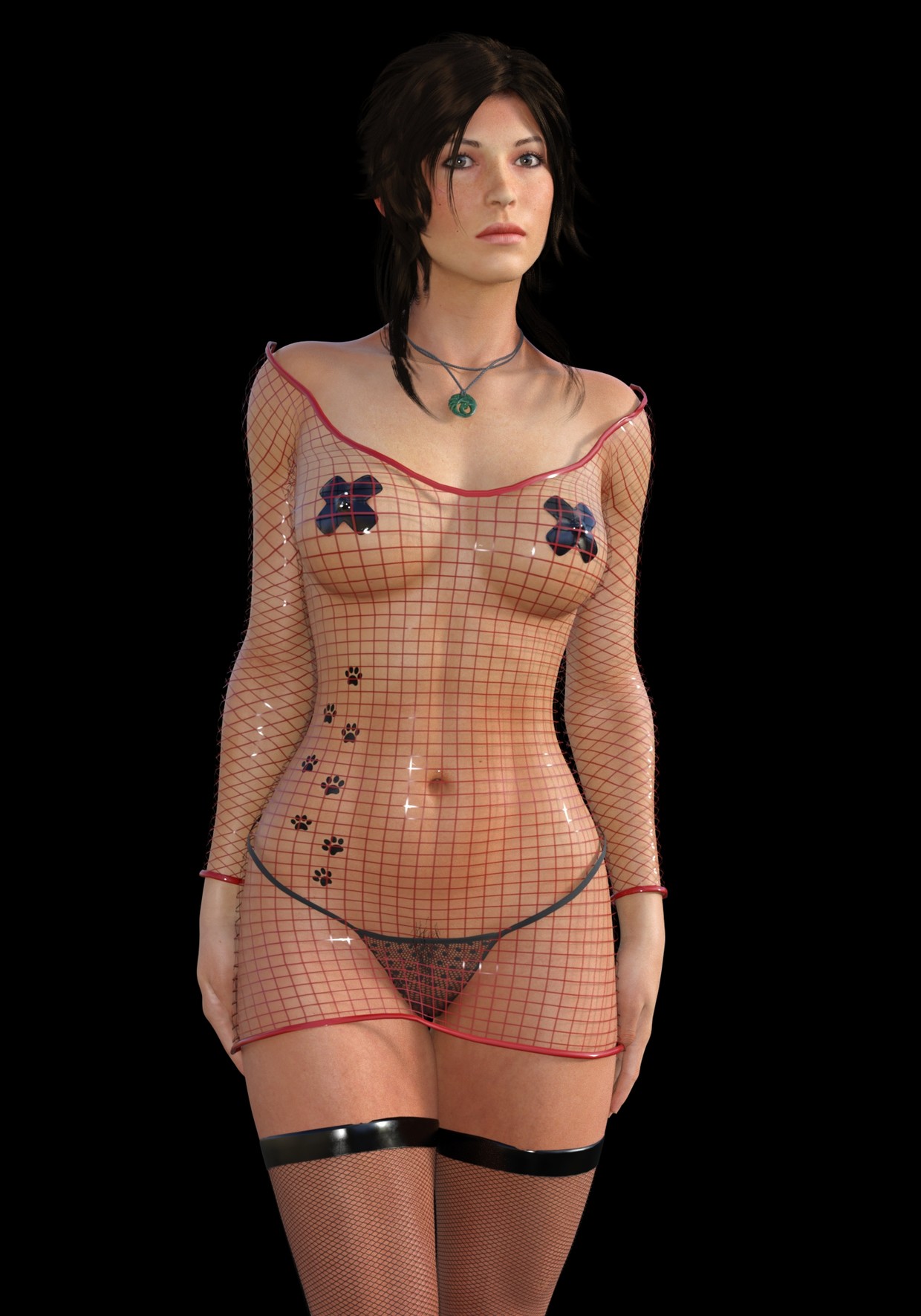 Lara Croft wearing pasties and Net Dress