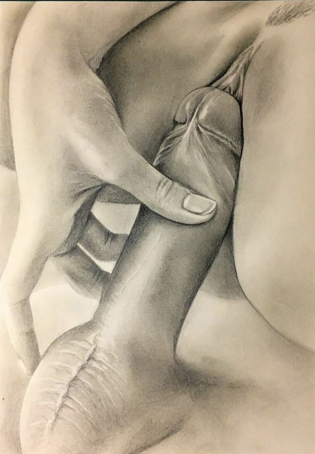 She begins to insert his erection into her vagina