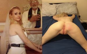 Beautiful blonde bride before and after the “I do”.