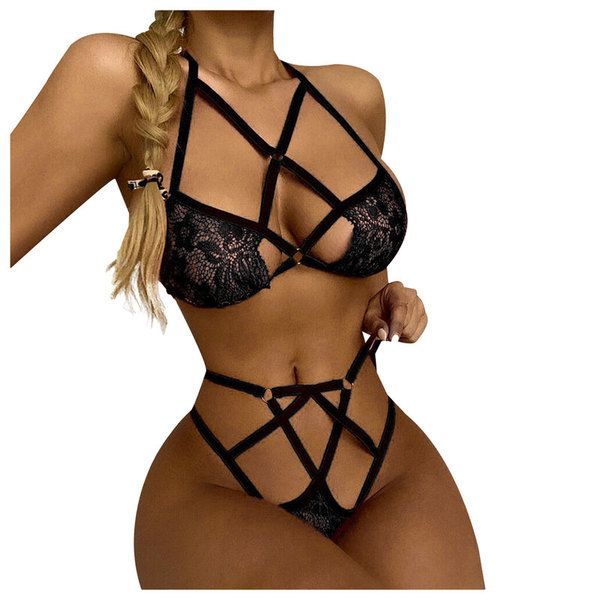 Sexy Bra Panty 2 Piece Set Lingerie For women Cross Bundling Underwear Tights Halter Bodysuit Bandage Lace Lingerie