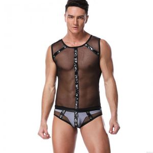 Sexy Voir à travers Épissure de maille Ligne simili cuir nounours gay Le maillot de corps Sissy bar Costume Jockstrap Justaucorps Lingerie Homme