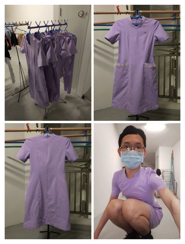 Wearing a random woman's nurse dress.