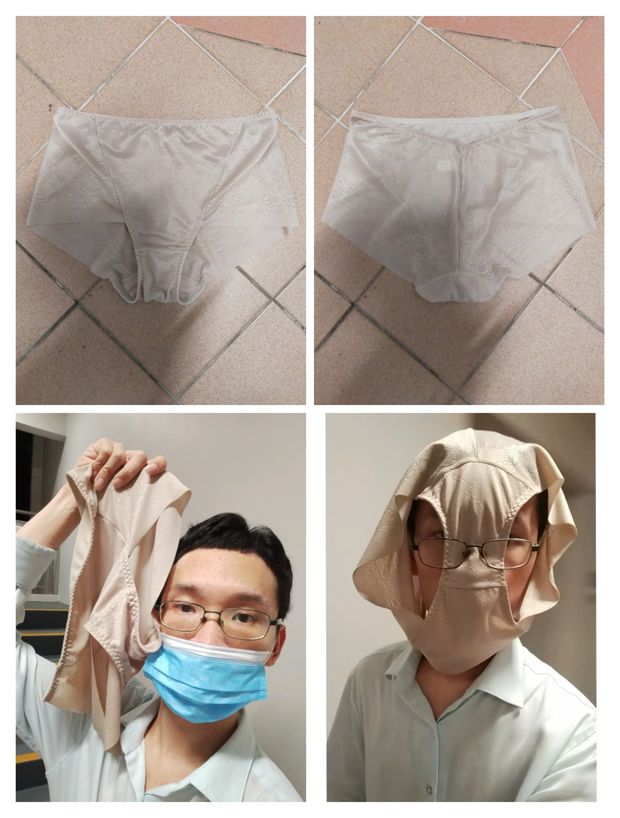 Wearing panties on head.