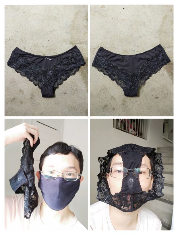 Wearing stinky used panties on head.