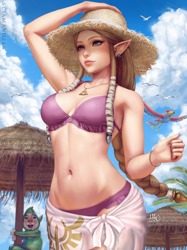 Zelda in a purple bikini