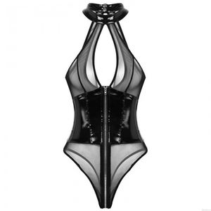 Brevet de maille creuse à fermetures à glissière sexy Épissure en cuir Nounours Corset Pour Femmes Une pièce Lingerie licou