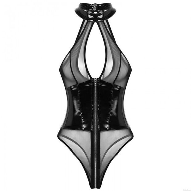Brevet de maille creuse à fermetures à glissière sexy Épissure en cuir Nounours Corset Pour Femmes Une pièce Lingerie licou